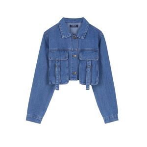 Button Down Long Sleeve Cargo Pockets Washed Jean Jackets Blue